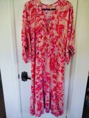 ONSHORE Floral Maxi Dress One Size Pink Boho Lace Up V-Neck Rayon Kaftan